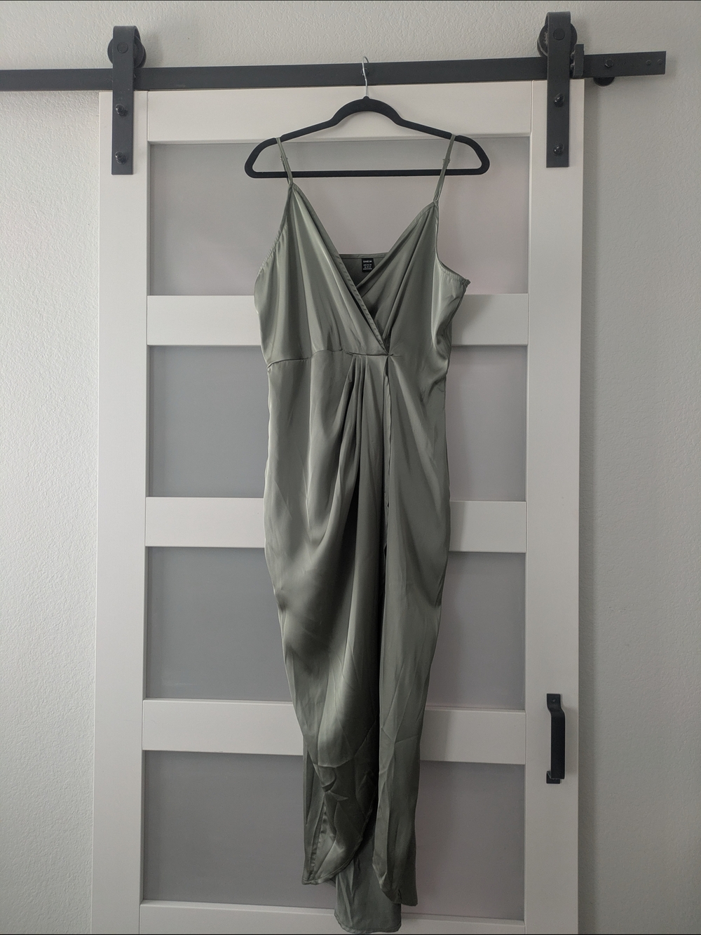 SHEIN Olive Sage Satin V-Neck Spaghetti Strap Maxi Dress